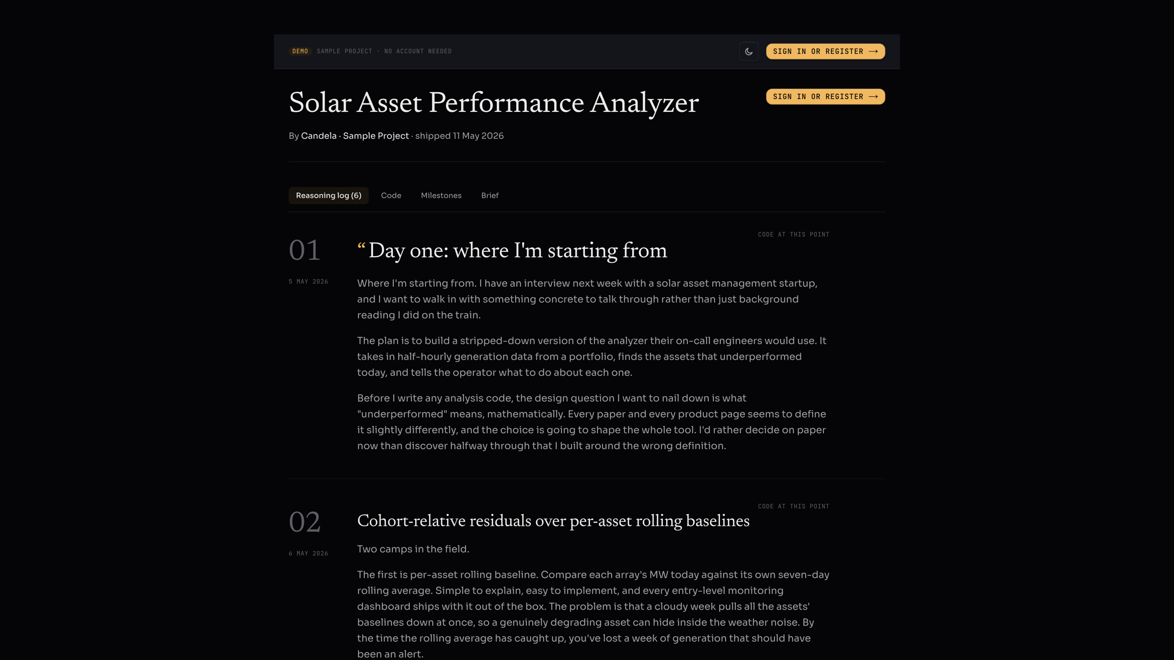 The credential reading view: the builder's reasoning log, with the evidence behind each score.