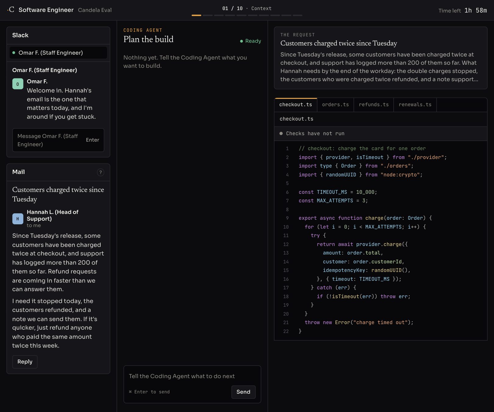 The candidate's workspace at the start: an email from the head of support, Slack, the Coding Agent and the code.